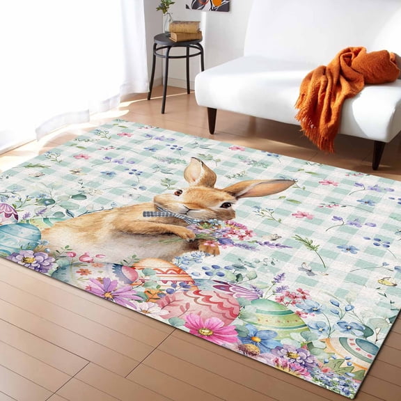 Area Rugs 4x6 Ft Easter Bunny Rabbit Eggs Spring Flowers Sage Green Plaid Non-Slip Washable Rug Indoor Rug Floor Mats Non Shedding Carpet for Living Room Bedroom Dining Room Home Decor