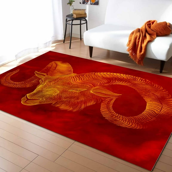Area Rugs 4x6 Ft Gold Sheepshead Red Background Non-Slip Washable Rug Indoor Rug Floor Mats Non Shedding Carpet for Living Room Bedroom Dining Room Home Decor
