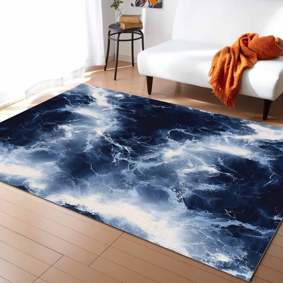 Area Rugs 4x6 Ft Ocean Waves Dark Blue Sea Modern Non-Slip Washable Rug Indoor Rug Floor Mats Non Shedding Carpet for Living Room Bedroom Dining Room Home Decor