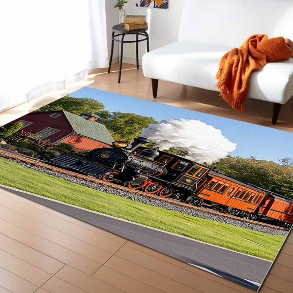 Area Rugs 4x6 Ft Retro Train Motor Vehicle Building Sky Grass Country Scenery Non-Slip Washable Rug Indoor Rug Floor Mats Non Shedding Carpet for Living Room Bedroom Dining Room Home Decor