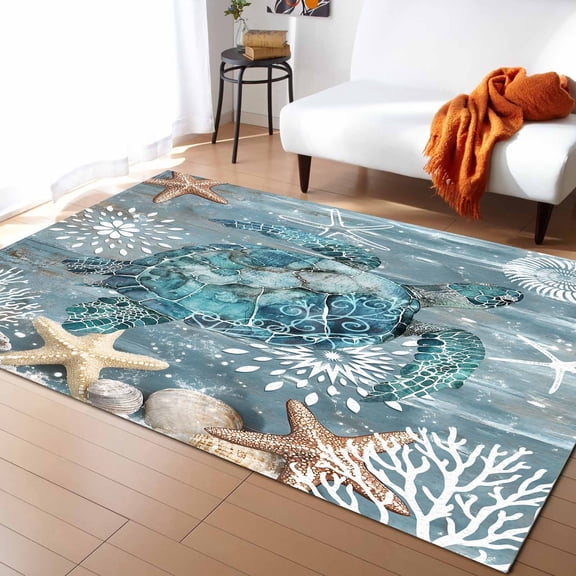 Area Rugs 4x6 Ft Sea Turtle Coral Starfish Coral Vintage Non-Slip Washable Rug Indoor Rug Floor Mats Non Shedding Carpet for Living Room Bedroom Dining Room Home Decor