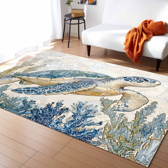 Area Rugs 4x6 Ft Sea Turtle Marine Animal Coastal Algae Retro Non-Slip Washable Rug Indoor Rug Floor Mats Non Shedding Carpet for Living Room Bedroom Dining Room Home Decor