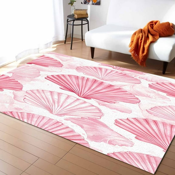 Area Rugs 4x6 Ft Summer Coastal Pink Seashell Non-Slip Washable Rug Indoor Rug Floor Mats Non Shedding Carpet for Living Room Bedroom Dining Room Home Decor