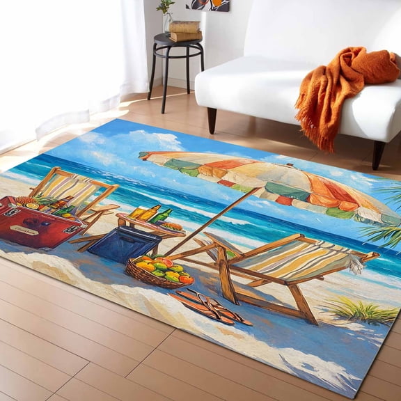 Area Rugs 4x6 Ft Summer Holiday Ocean Beach Sun Umbrella Fruit Non-Slip Washable Rug Indoor Rug Floor Mats Non Shedding Carpet for Living Room Bedroom Dining Room Home Decor