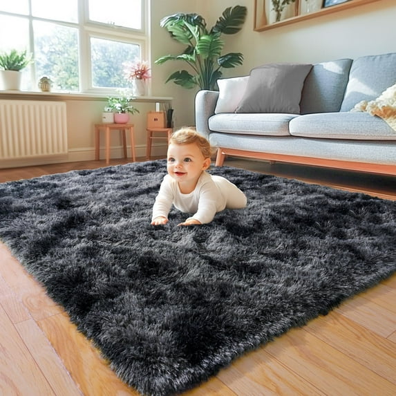 Area Rugs 4x6 Rug for Bedroom, Fluffy Washable 4 x 6 Dorm Rugs, Plush Fuzzy Shaggy Furry Non-Slip Modern Soft Carpet for Living Room Playroom Kids Room Aesthetic Rug, Black and Dark Gray
