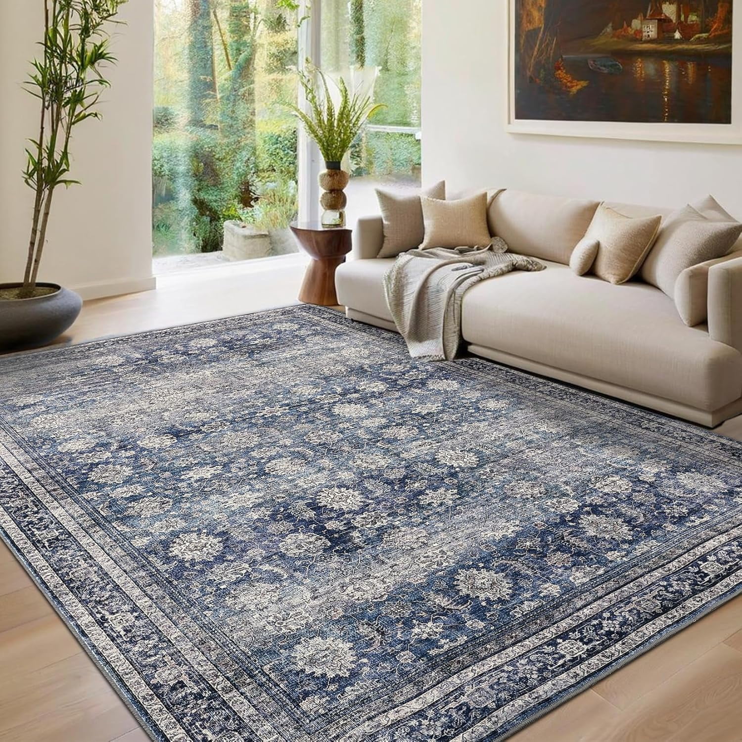 Area Rugs 4x6 Vintage Printed Floor Carpet with Non-Slip Backing, Stain-Resistant Oriental Throw Rugs, Washable Farmhouse Low Pile Rugs for Living Room, Bedroom, Office, Blue