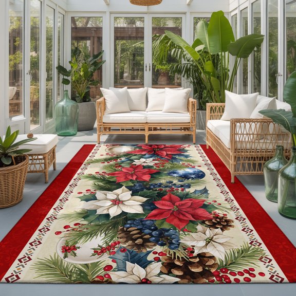 Area Rugs 4x6,Xmas Poinsettia Fir Leaves on Red Non Slip Washable Rug Indoor Carpet Soft Floor Rugs for Home Living Room Bedroom Dining Room Office