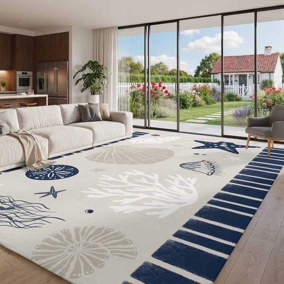 Area Rugs 5 x 8 Washable, Navy Blue Coastal Living Room Bedroom Rug Low ...