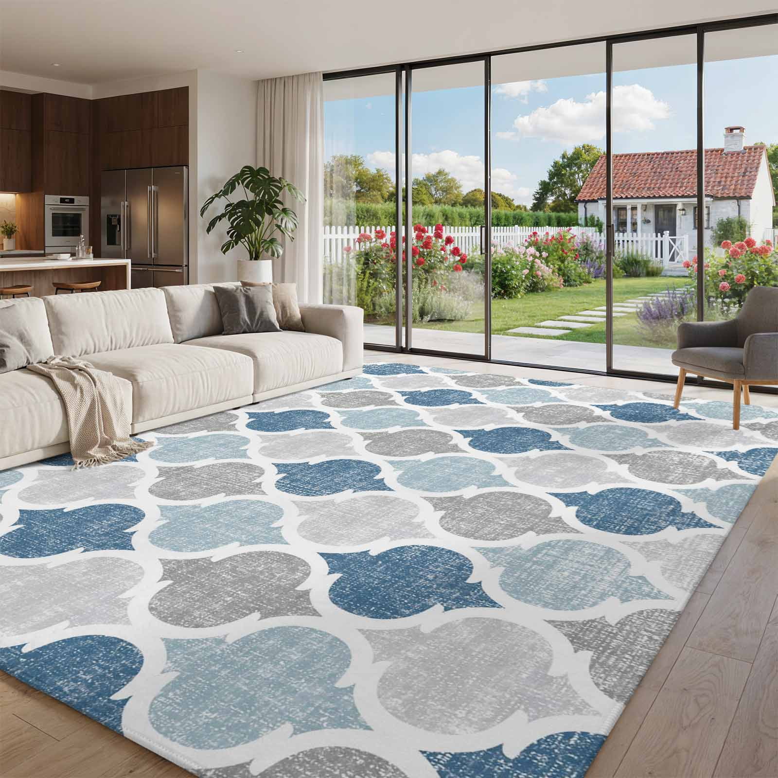 Area Rugs 5 x 8 Washable, Navy Blue Grey Moroccan Living Room Bedroom ...