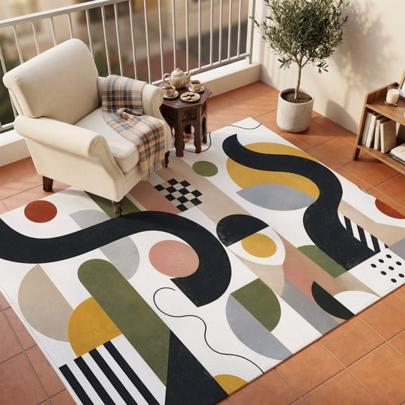 Area Rugs 5'x7', Boho Abstract Carpet Runner Indoor Outdoor Rugs Home Decor Aesthetic, Modern Geometric Pink Green Stripe Circle Forms Non Slip Mats Washable Accent Rug for Living Room Bedroom