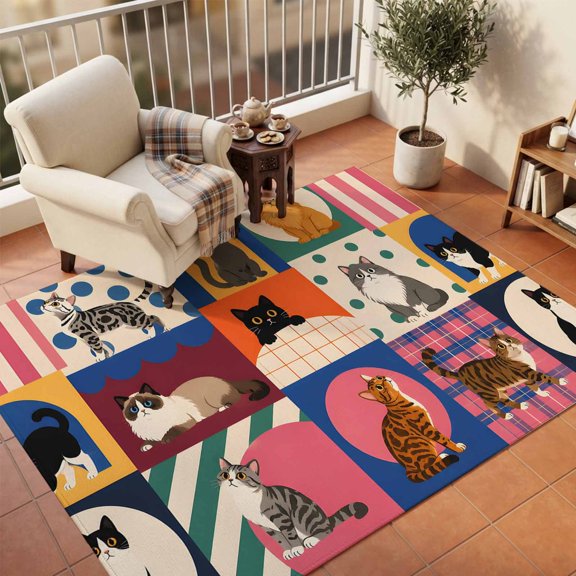 Area Rugs 5'x7', Cat Patchwork Carpet Runner Indoor Outdoor Rugs Home Decor Aesthetic, Modern Funny Playful Cats Cute Plaid Non Slip Mats Washable Accent Rug for Living Room Bedroom