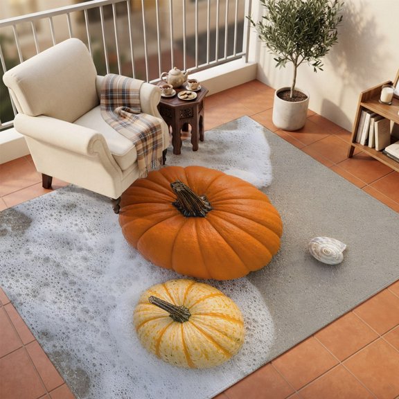 Area Rugs 5'x7', Coastal Pumpkins Carpet Runner Indoor Outdoor Rugs Home Decor Aesthetic, Fall Thanksgiving Plant Waves Shells Non Slip Mats Washable Accent Rug for Living Room Bedroom