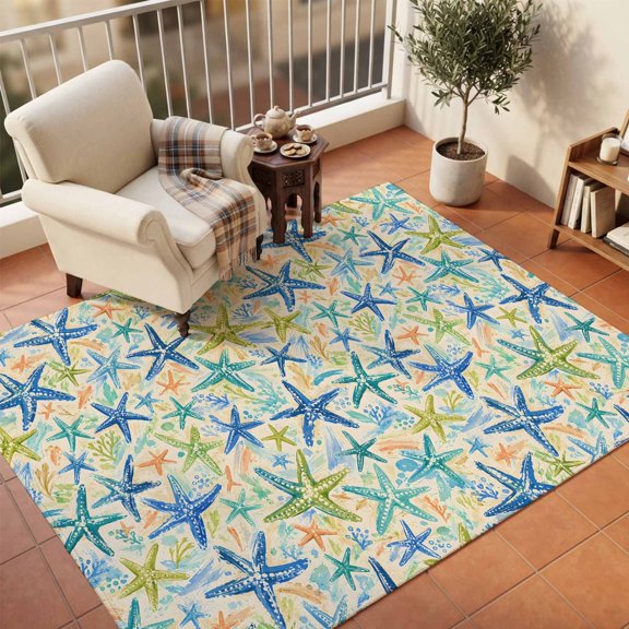 Area Rugs 5'x7', Coastal Starfish Carpet Runner Indoor Outdoor Rugs Home Decor Aesthetic, Summer Nautical Ocean Marine Life Non Slip Mats Washable Accent Rug for Living Room Bedroom
