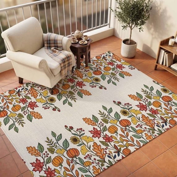 Area Rugs 5'x7', Fall Maple Leaf Carpet Runner Indoor Outdoor Rugs Home Decor Aesthetic, Thanksgiving Pumpkin Botanical Harvest Beige Non Slip Mats Washable Accent Rug for Living Room Bedroom