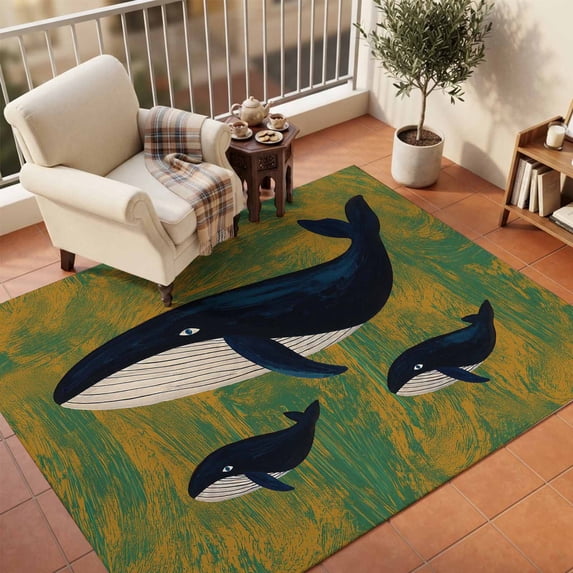 Area Rugs 5'x7', Green Yellow Whale Carpet Runner Indoor Outdoor Rugs Home Decor Aesthetic, Modern Abstract Art Oil Painting Non Slip Mats Washable Accent Rug for Living Room Bedroom