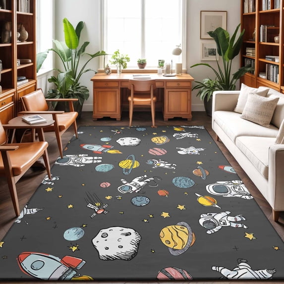 Area Rugs 5'x7', Grey Space Carpet Runner Indoor Outdoor Rugs Home Decor Aesthetic, Cartoon Cute Spaceship Planet Star Funny Non Slip Mats Washable Accent Rug for Living Room Bedroom