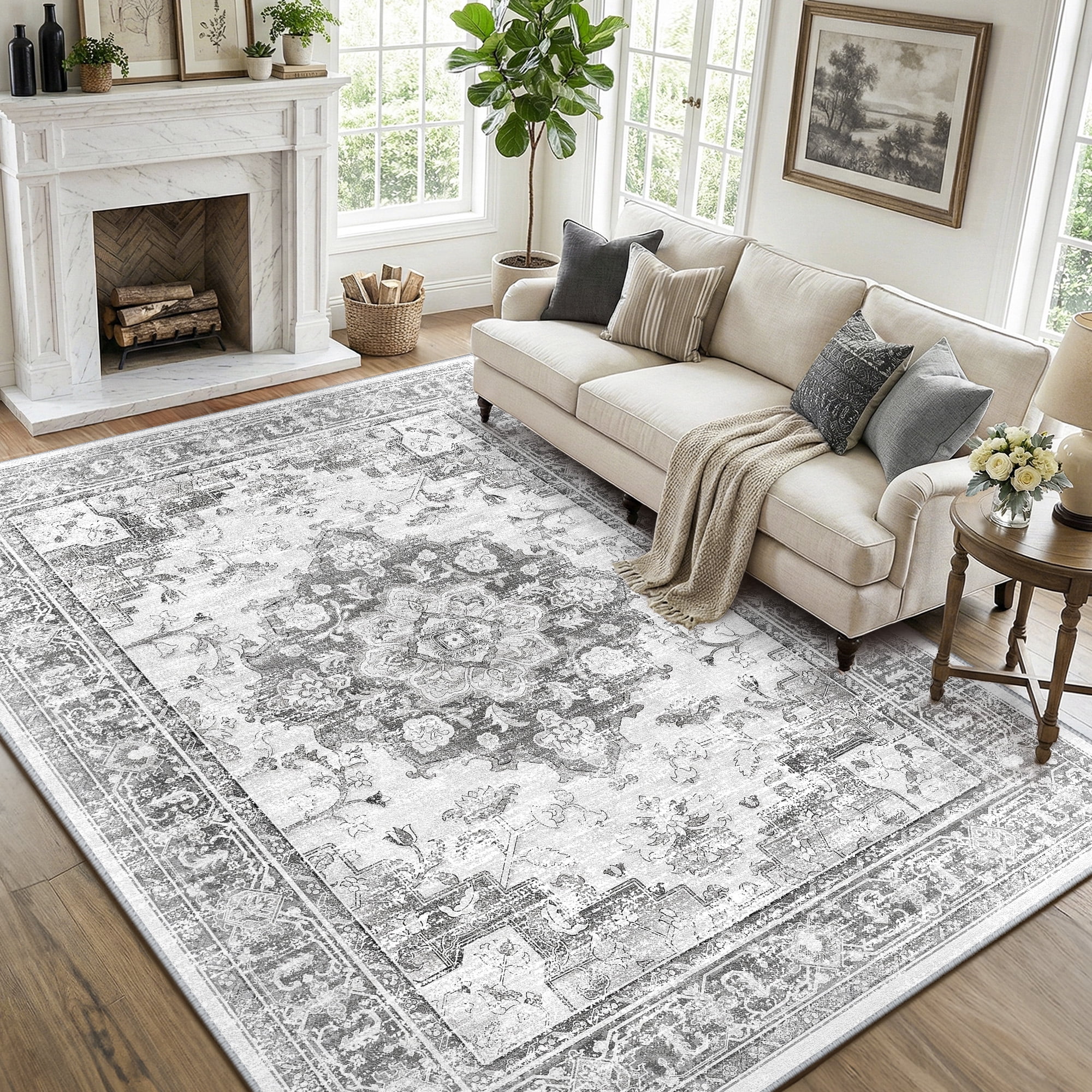 NewBuros 5'x7' Area Rugs, Machine Washable Non Slip Rugs for Living Room, Low Pile Water Repellent Soft Vintage Print Pattern Bedroom Carpet, Black & Gray