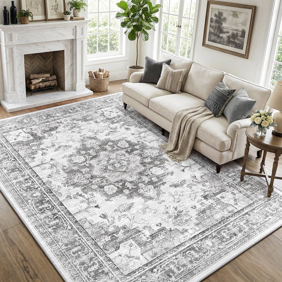 NewBuros 5'x7' Area Rugs, Machine Washable Non Slip Rugs for Living Room, Low Pile Water Repellent Soft Vintage Print Pattern Bedroom Carpet, Black & Gray