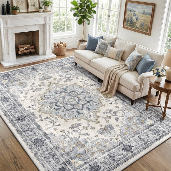 NewBuros 5'x7' Area Rugs, Machine Washable Non Slip Rugs for Living Room, Low Pile Water Repellent Soft Vintage Print Pattern Bedroom Carpet, Blue & White