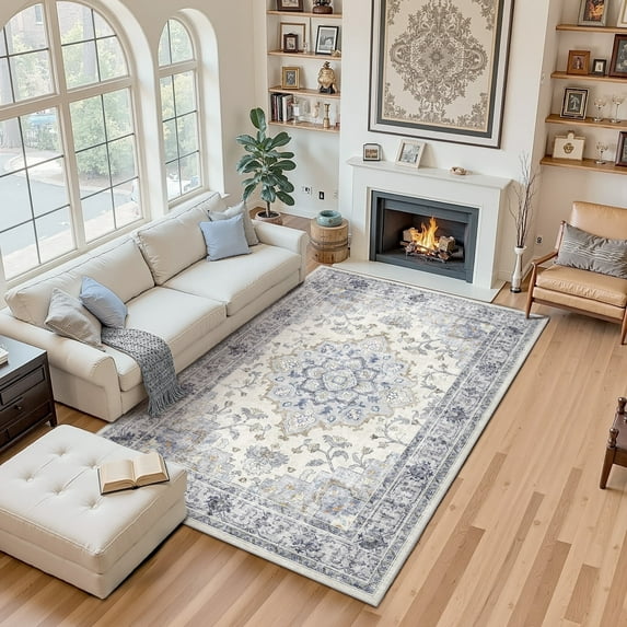 NewBuros 5'x7' Area Rugs, Machine Washable Non Slip Rugs for Living Room, Low Pile Water Repellent Soft Vintage Print Pattern Bedroom Carpet, Blue & White
