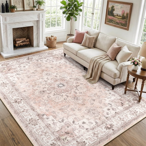 NewBuros 5'x7' Area Rugs, Machine Washable Non Slip Rugs for Living Room, Low Pile Water Repellent Soft Vintage Print Pattern Bedroom Carpet, Pink
