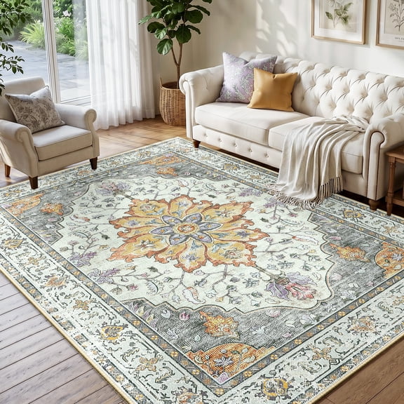 NewBuros 5'x7' Washable Area Rug for Living Room, Non Slip Vintage Distress Print Pattern Floral Rug, Soft Low Pile Indoor Carpet for Bedroom Dining Room, Light Yellow Gray