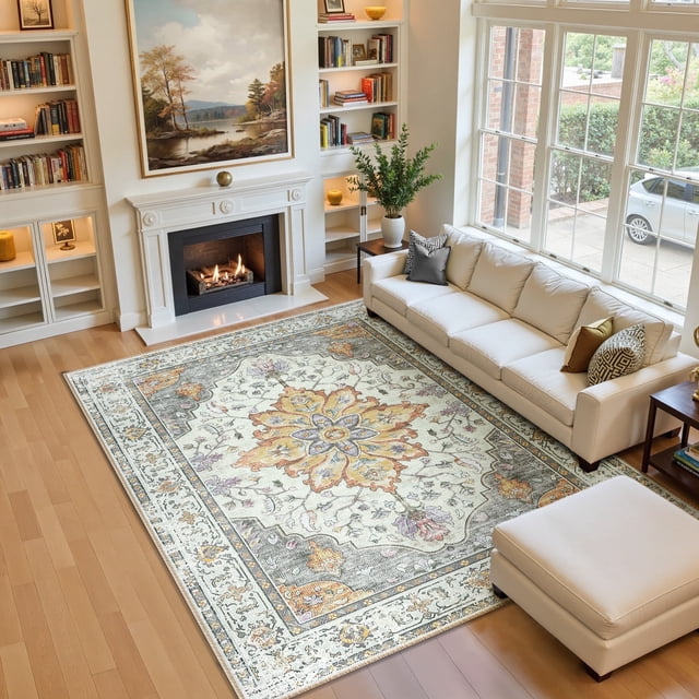 NewBuros 5'x7' Washable Area Rug for Living Room, Non Slip Vintage Distress Print Pattern Floral Rug, Soft Low Pile Indoor Carpet for Bedroom Dining Room, Light Yellow Gray