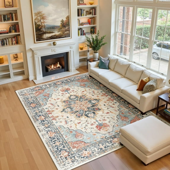 NewBuros Area Rugs 5'x7' Non-Slip Washable, Floral Vintage Distress Print Pattern Low Pile Soft Indoor Rugs for Living Room Bedroom Dining Room, Beige Colorful