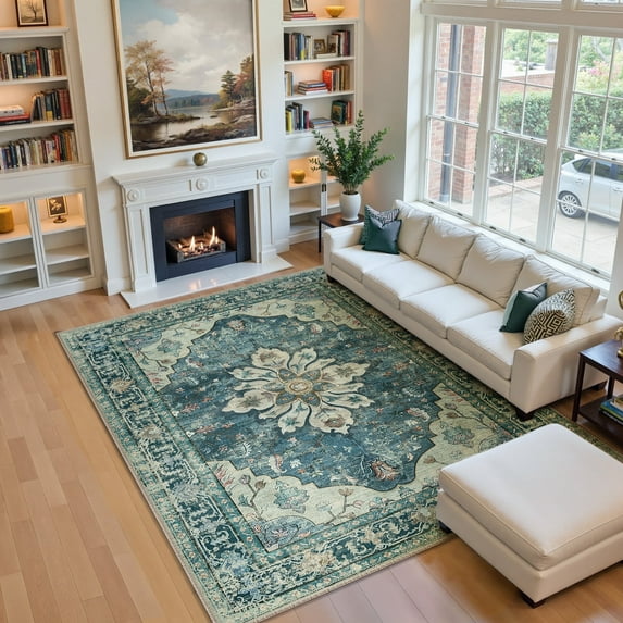 NewBuros Area Rugs 5'x7' Non-Slip Washable, Floral Vintage Distress Print Pattern Low Pile Soft Indoor Rugs for Living Room Bedroom Dining Room, Dark Blue