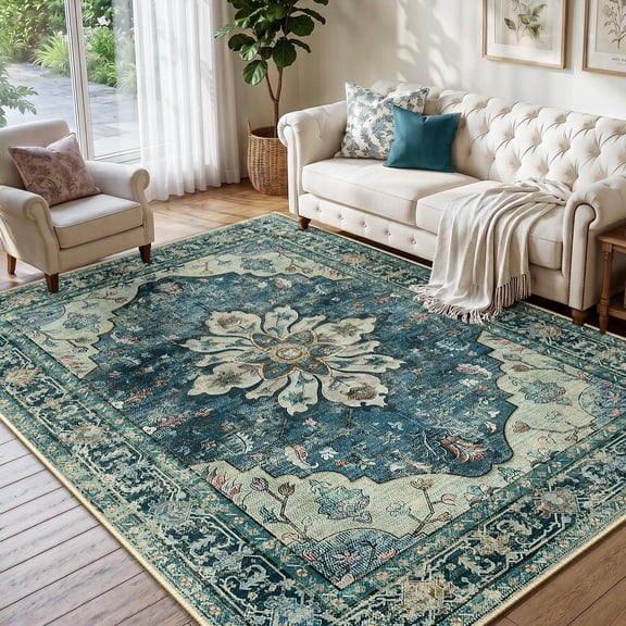 NewBuros 5'x7' Washable Area Rug for Living Room, Non Slip Vintage Distress Print Pattern Floral Rug, Soft Low Pile Indoor Carpet for Bedroom Dining Room, Dark Blue