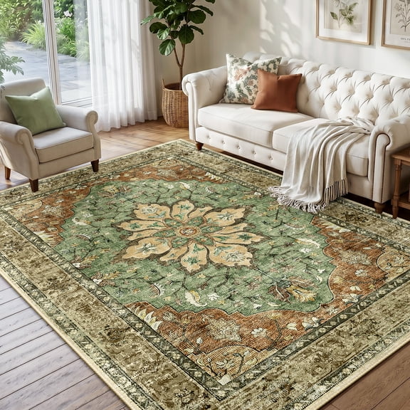 NewBuros 5'x7' Washable Area Rug for Living Room, Non Slip Vintage Distress Print Pattern Floral Rug, Soft Low Pile Indoor Carpet for Bedroom Dining Room, Brick Red Green
