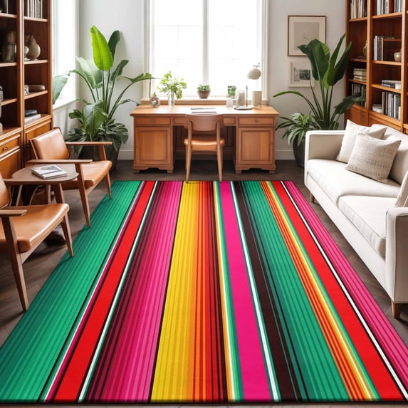 Area Rugs 5'x7', Mexican Style Carpet Runner Indoor Outdoor Rugs Home Decor Aesthetic, Colorful Mexico Stripes Green Red Non Slip Mats Washable Accent Rug for Living Room Bedroom