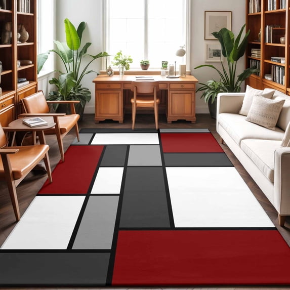 Area Rugs 5'x7', Modern Geometric Red Black Carpet Runner Indoor Outdoor Rugs Home Decor Aesthetic, Abstract Minimalist Color Blocks Non Slip Mats Washable Accent Rug for Living Room Bedroom