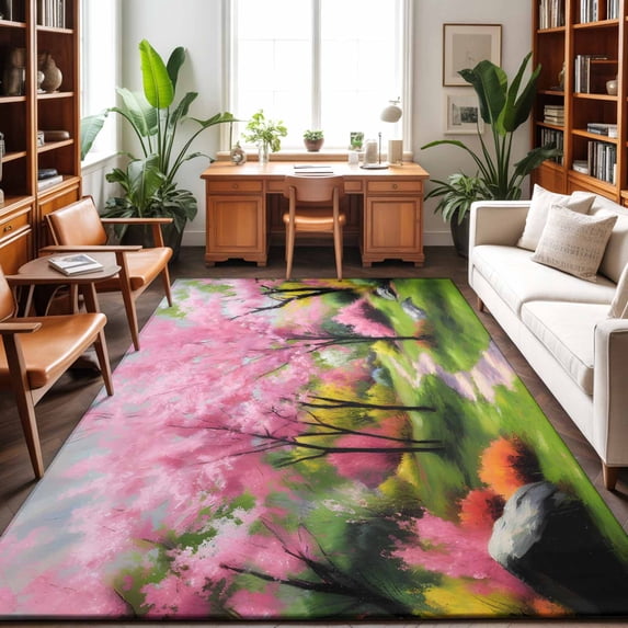 Area Rugs 5'x7', Nature Pink Green Carpet Runner Indoor Outdoor Rugs Home Decor Aesthetic, Spring Country Oil Painting Flower Tree Non Slip Mats Washable Accent Rug for Living Room Bedroom