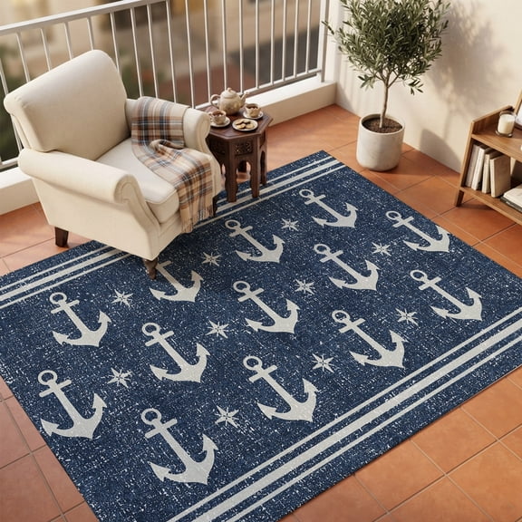 Area Rugs 5'x7', Navy Blue Anchor Carpet Runner Indoor Outdoor Rugs Home Decor Aesthetic, Nautical Summer Beach Coastal Non Slip Mats Washable Accent Rug for Living Room Bedroom
