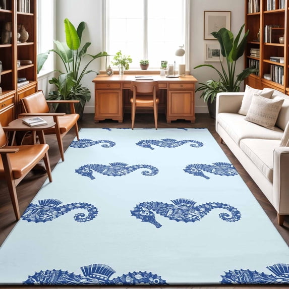 Area Rugs 5'x7', Navy Blue Seahorse Carpet Runner Indoor Outdoor Rugs Home Decor Aesthetic, Summer Ocean Nautical Coastal Textured Non Slip Mats Washable Accent Rug for Living Room Bedroom