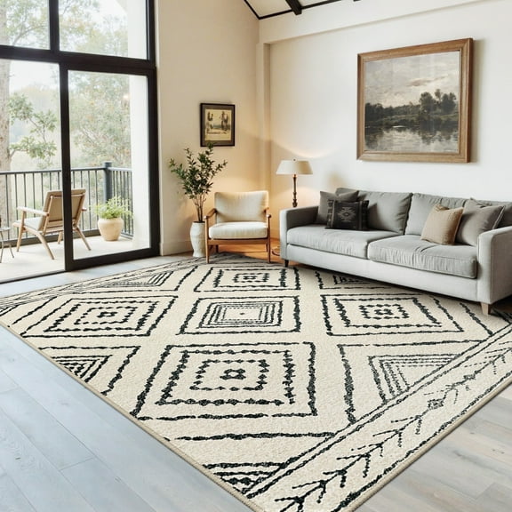 NewBuros 5'x7' Area Rugs for Living Room, Non-Slip Machine Washable Rugs, Soft Stain Resistant Low Pile Vintage Distressed Print Western Indoor Carpet, White & Black