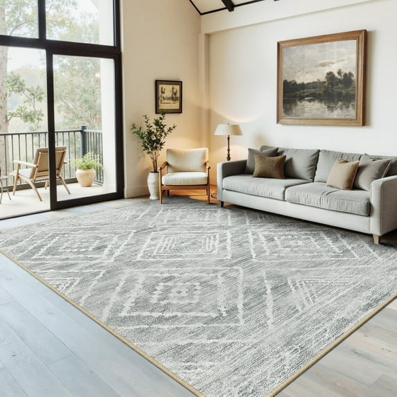 NewBuros 5'x7' Area Rugs for Living Room, Non-Slip Machine Washable Rugs, Soft Stain Resistant Low Pile Vintage Distressed Print Western Indoor Carpet, Light Gray