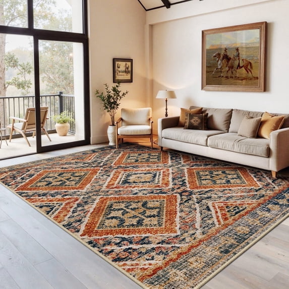 NewBuros 5'x7' Area Rugs for Living Room, Non-Slip Machine Washable Rugs, Soft Stain Resistant Low Pile Vintage Distressed Print Western Indoor Carpet, Orange