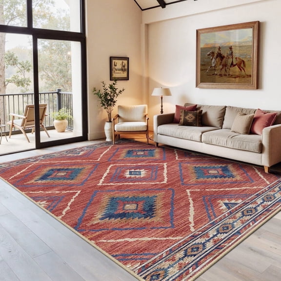 NewBuros 5'x7' Area Rug for Living Room, Machine Washable Non-Slip Rug, Soft Low Pile Stain Resistant Vintage Western Indoor Rug for Bedroom Dining Room, Red