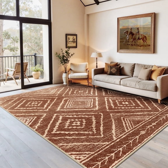 NewBuros 5'x7' Area Rug for Living Room, Machine Washable Non-Slip Rug, Soft Low Pile Stain Resistant Vintage Western Indoor Rug for Bedroom Dining Room, Yellowbrown