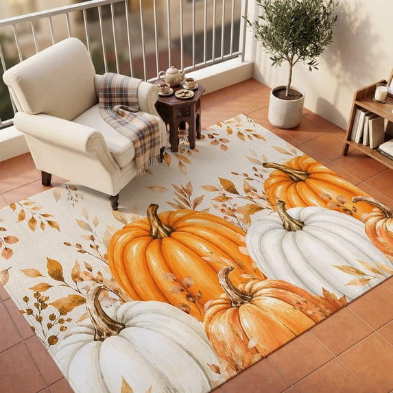Area Rugs 5'x7', Orange White Pumpkin Fall Carpet Runner Indoor Outdoor Rugs Home Decor Aesthetic, Thanksgiving Eucalyptus Rustic Non Slip Mats Washable Accent Rug for Living Room Bedroom