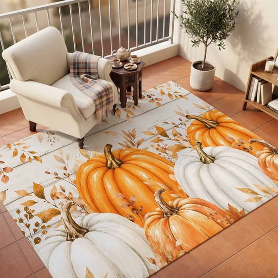 Area Rugs 5'x7', Orange White Pumpkin Fall Carpet Runner Indoor Outdoor Rugs Home Decor Aesthetic, Thanksgiving Eucalyptus Wood Non Slip Mats Washable Accent Rug for Living Room Bedroom