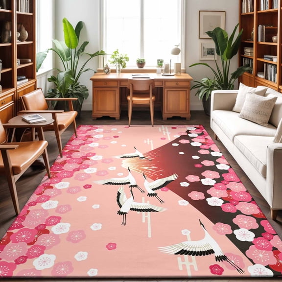 Area Rugs 5'x7', Pink Mountains Carpet Runner Indoor Outdoor Rugs Home Decor Aesthetic, Modern Aesthetic Cherry Blossoms Cranes Non Slip Mats Washable Accent Rug for Living Room Bedroom