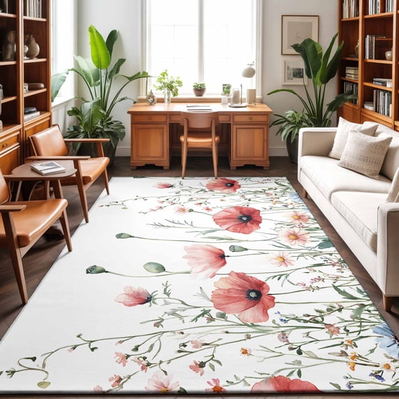 Area Rugs 5'x7', Red Poppy Flower Carpet Runner Indoor Outdoor Rugs Home Decor Aesthetic, Garden Floral Botanical Painting Non Slip Mats Washable Accent Rug for Living Room Bedroom