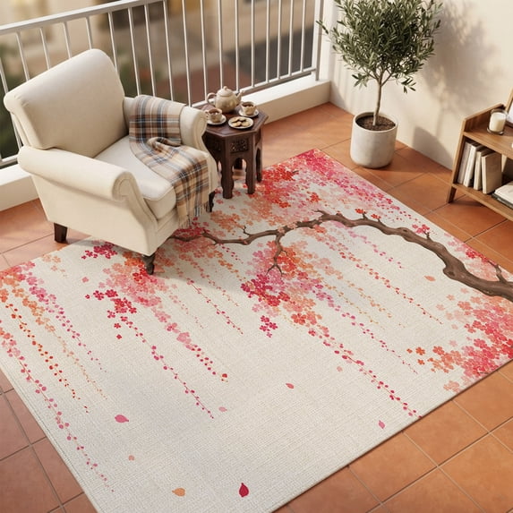 Area Rugs 5'x7', Spring Floral Carpet Runner Indoor Outdoor Rugs Home Decor Aesthetic, Pink Weeping Cherry Blossom Branches Beige Non Slip Mats Washable Accent Rug for Living Room Bedroom