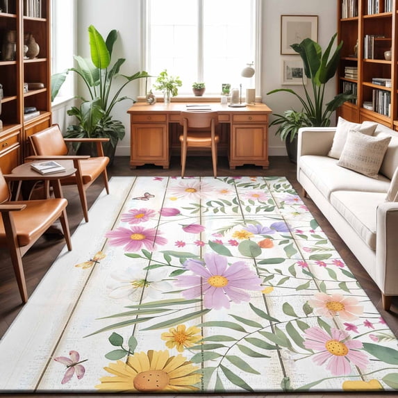 Area Rugs 5'x7', Spring Flowers Carpet Runner Indoor Outdoor Rugs Home Decor Aesthetic, Botanical Floral Butterfly Wooden Grain Non Slip Mats Washable Accent Rug for Living Room Bedroom