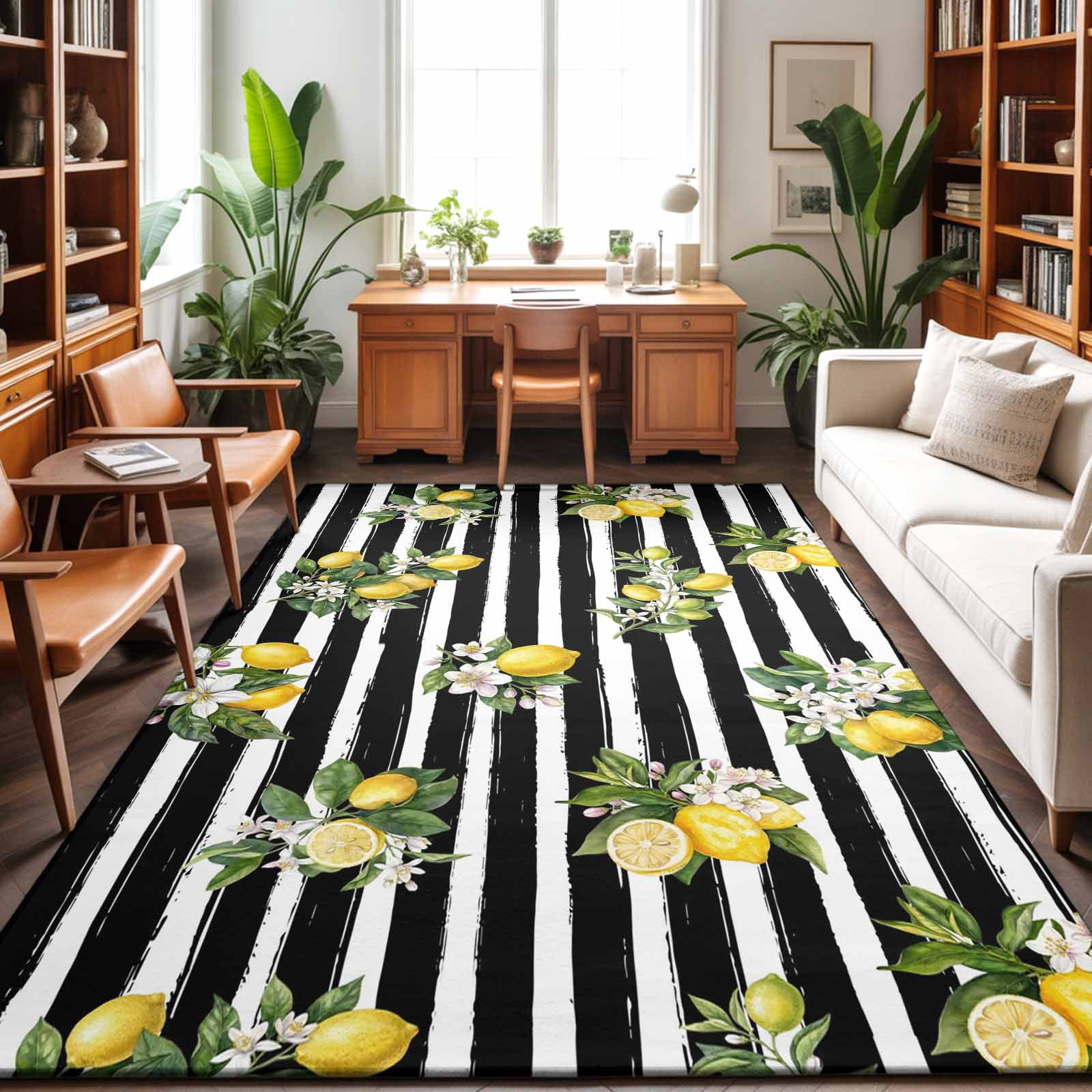 Area Rugs 5'x7', Summer Lemons Carpet Runner Indoor Outdoor Rugs Home Decor Aesthetic, Modern Fruits Flowers Black Striped Non Slip Mats Washable Accent Rug for Living Room Bedroom