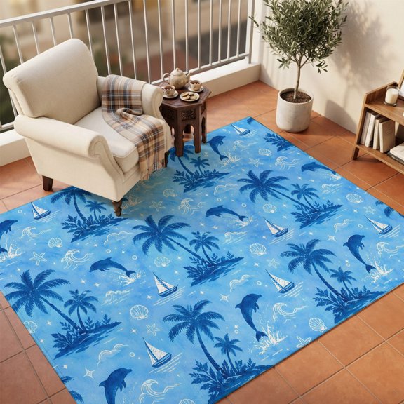 Area Rugs 5'x7', Summer Ocean Carpet Runner Indoor Outdoor Rugs Home Decor Aesthetic, Tropical Palm Trees Sailboat Dolphin Waves Blue Non Slip Mats Washable Accent Rug for Living Room Bedroom