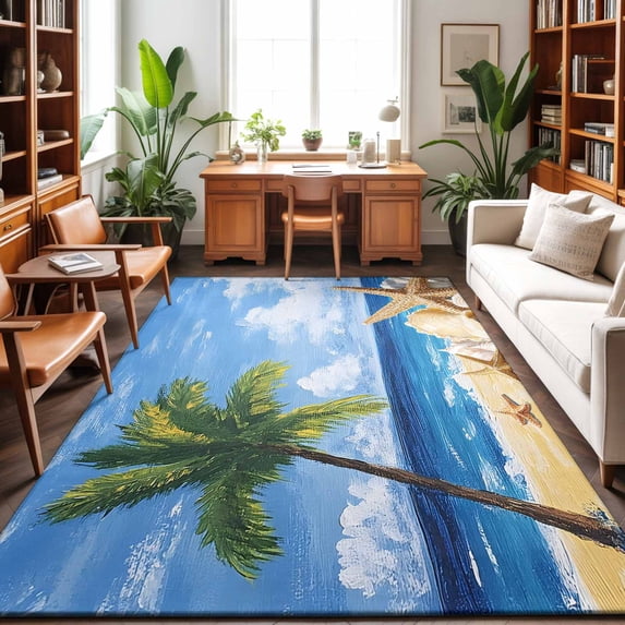 Area Rugs 5'x7', Summer Palm Tree Carpet Runner Indoor Outdoor Rugs Home Decor Aesthetic, Beach Ocean Coastal Starfish Shells Non Slip Mats Washable Accent Rug for Living Room Bedroom